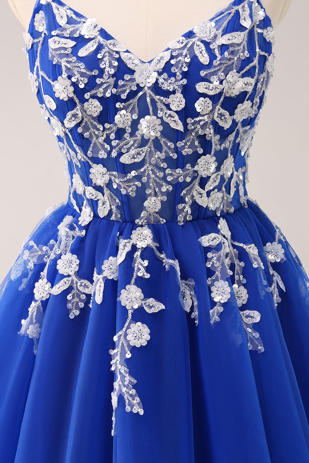 A Line Blush Spaghetti Straps Tulle Corset Sequins Homecoming Dress with Appliques - Fashionpara