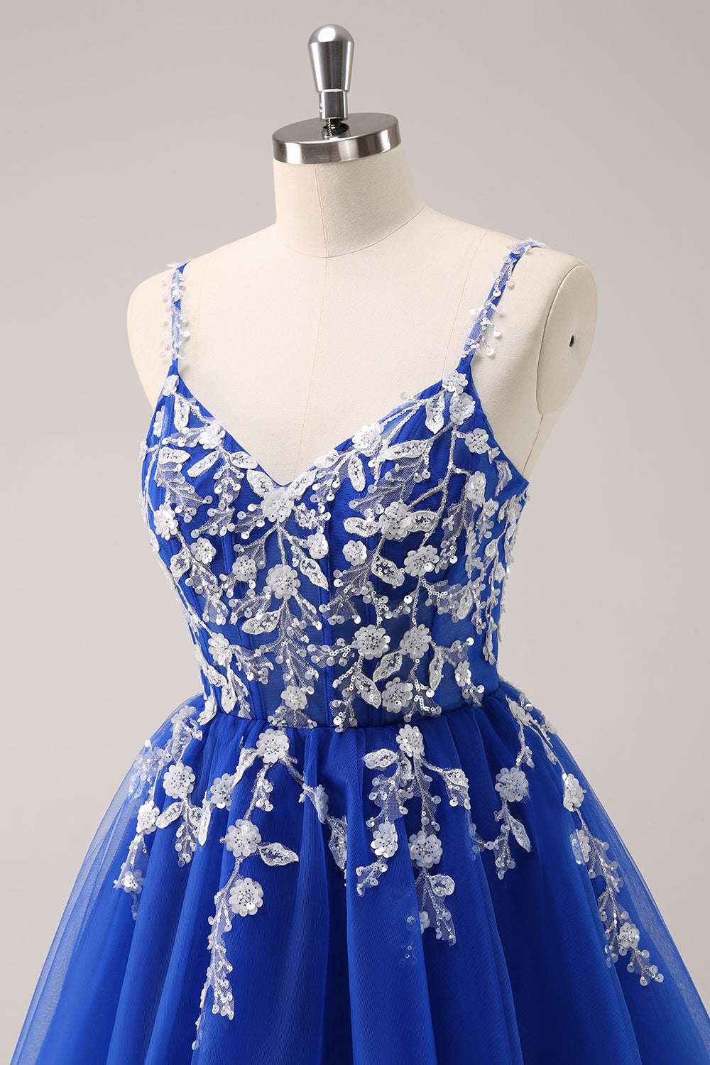 A Line Blush Spaghetti Straps Tulle Corset Sequins Homecoming Dress with Appliques - Fashionpara