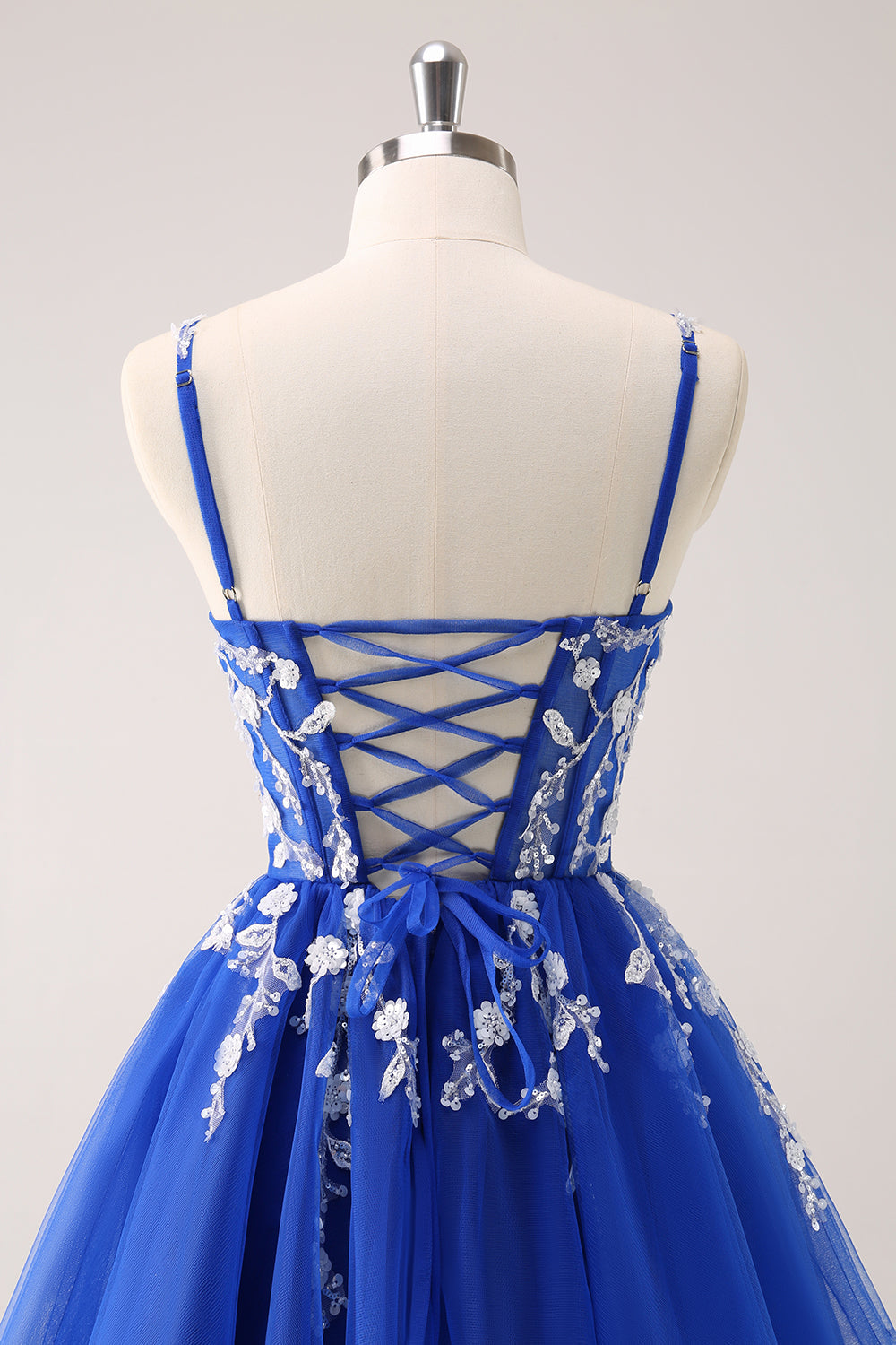 A Line Blush Spaghetti Straps Tulle Corset Sequins Homecoming Dress with Appliques - Fashionpara