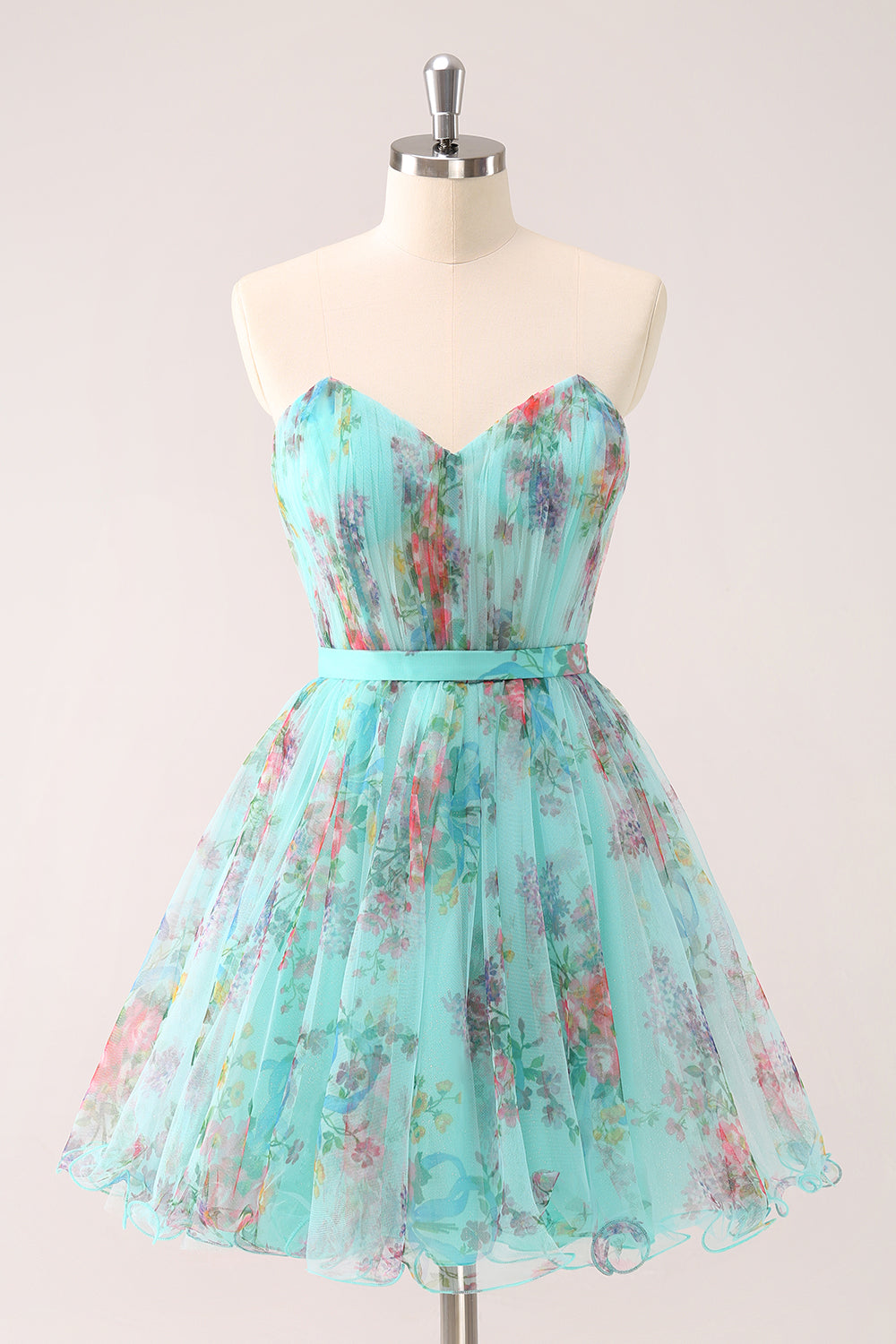 Fluffy Strapless Green Floral Short Homecoming Dress - Fashionpara