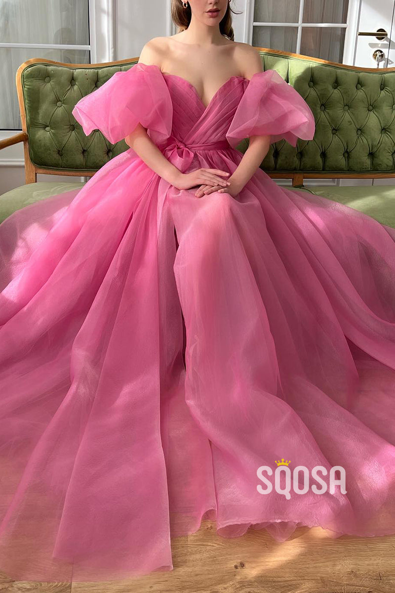 L2814 - Puff Sleeves V-Neck A-Line Tulle With Side Slit Party Prom Evening Dress - Fashionpara