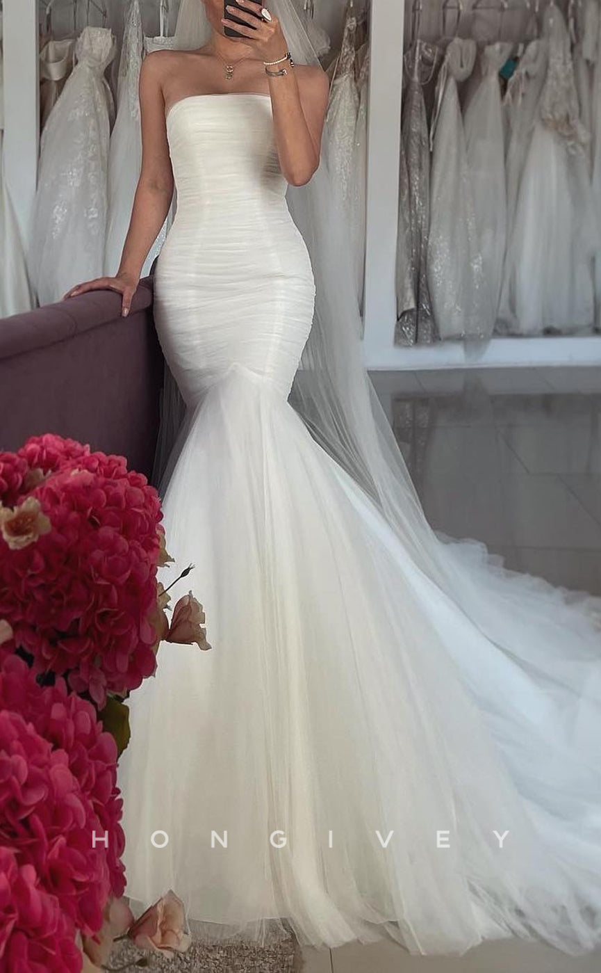 H1698 - Chic Trumpet Strapless Ruched With Tulle Train Wedding Dress - Fashionpara