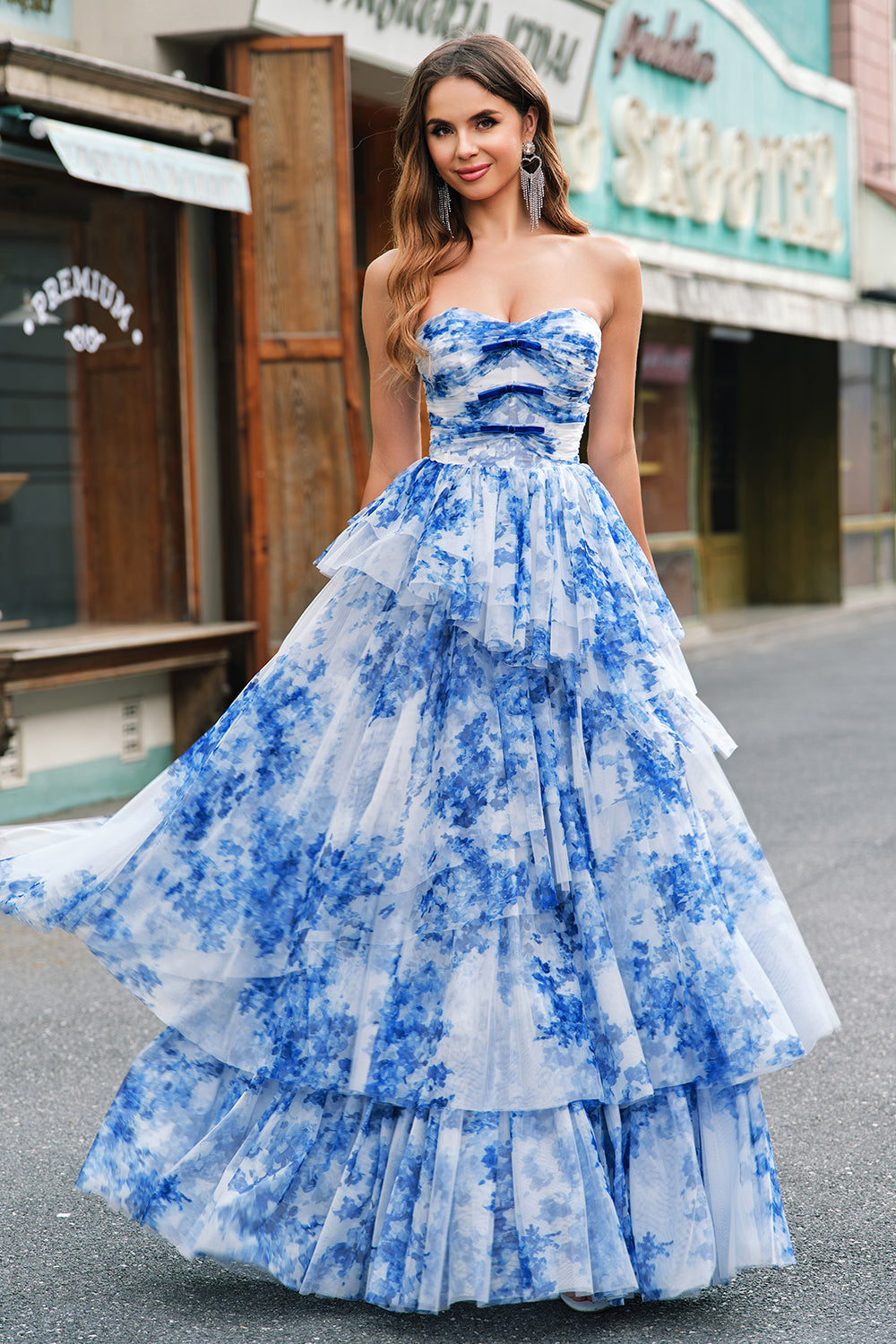 White Blue Flower A Line Strapless Tiered Long Prom Dress