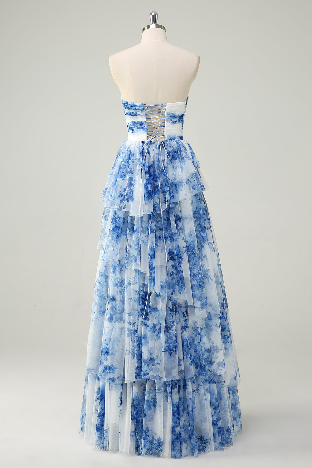 White Blue Flower A Line Strapless Tiered Long Prom Dress