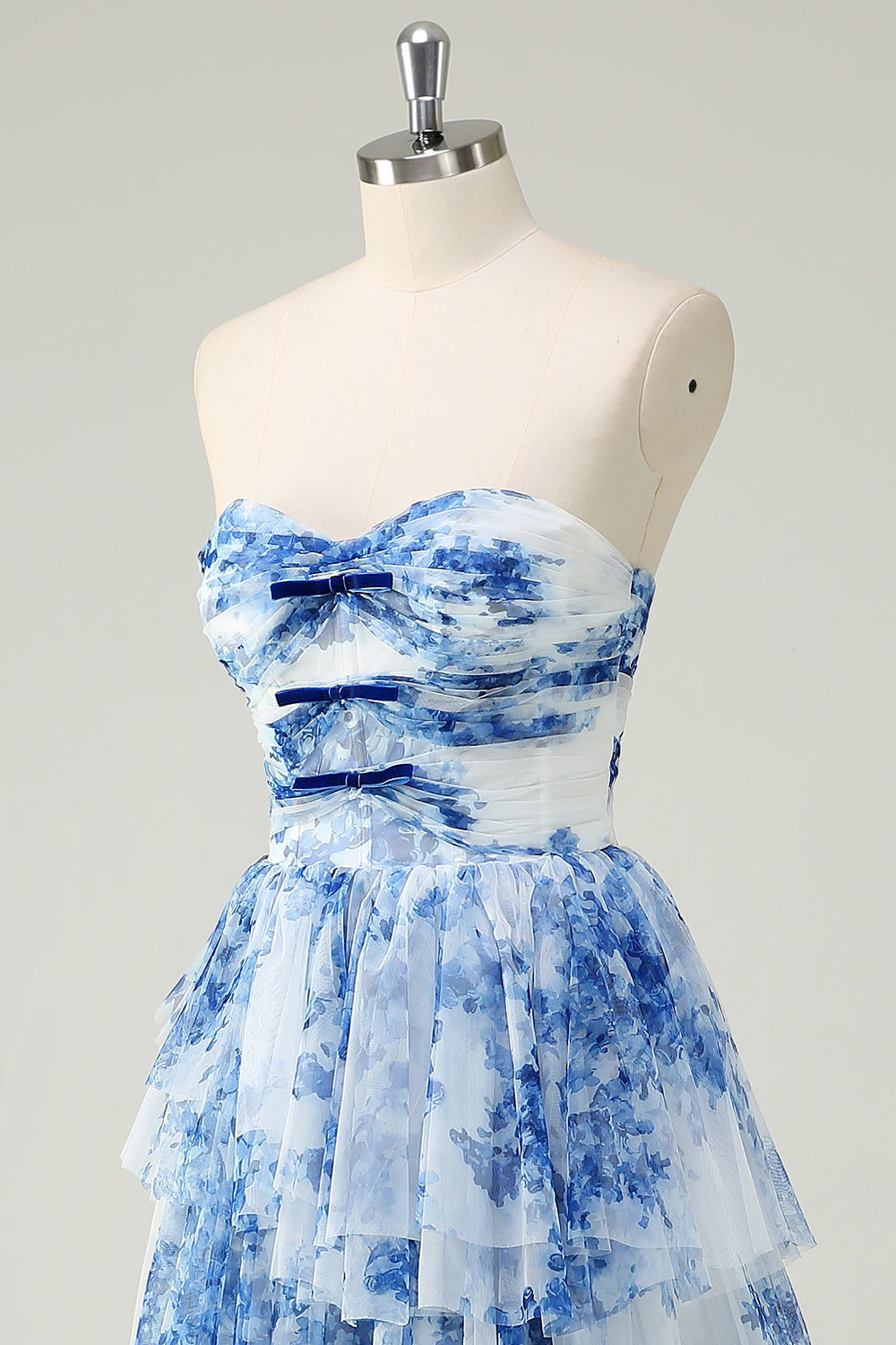 White Blue Flower A Line Strapless Tiered Long Prom Dress