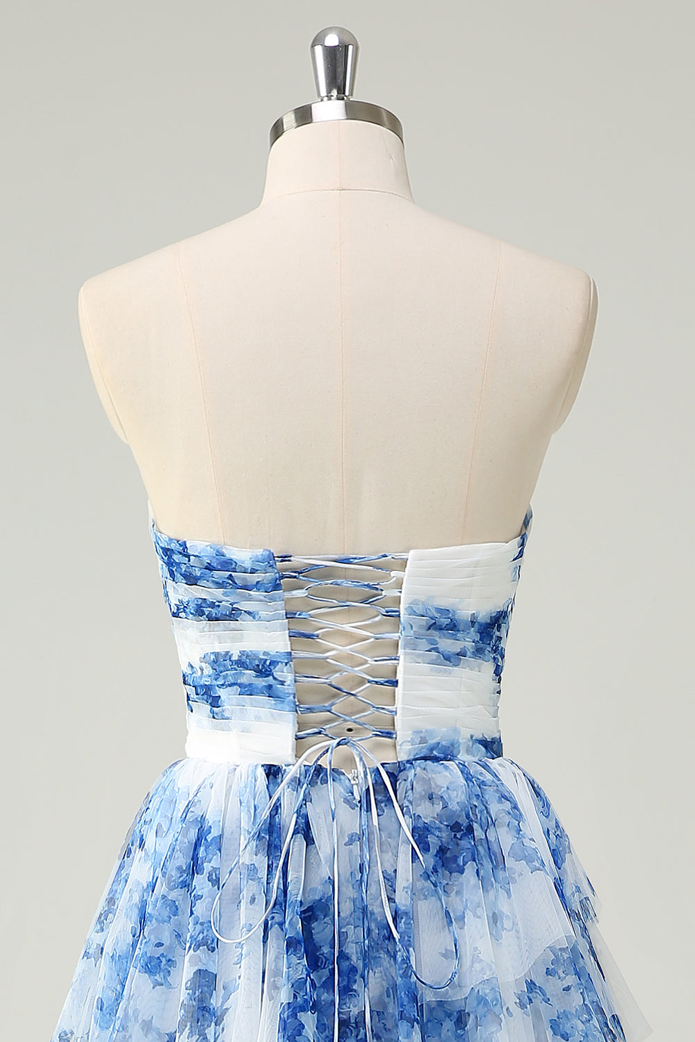 White Blue Flower A Line Strapless Tiered Long Prom Dress