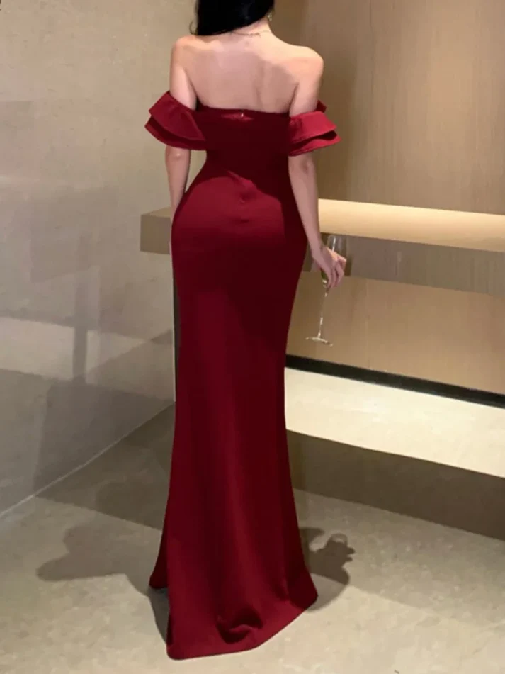 Stylish Burgundy Off The Shoulder Satin Slit Mermaid Evening Dress Long Wedding Guest Dress D1558