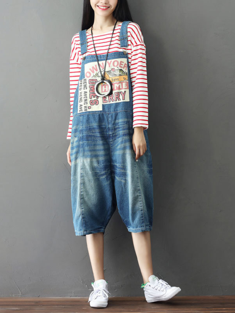 Bohemian Style Short Patch Denim Overalls - Fashionpara