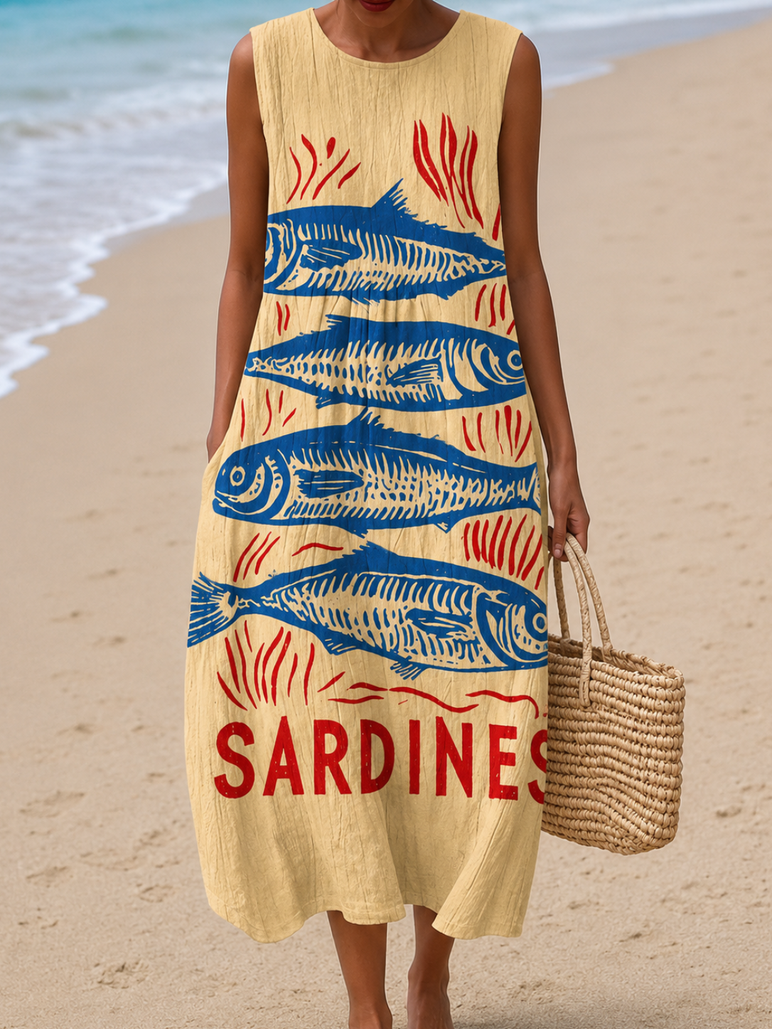 Sardine Fish Print Sleeveless Midi Dress