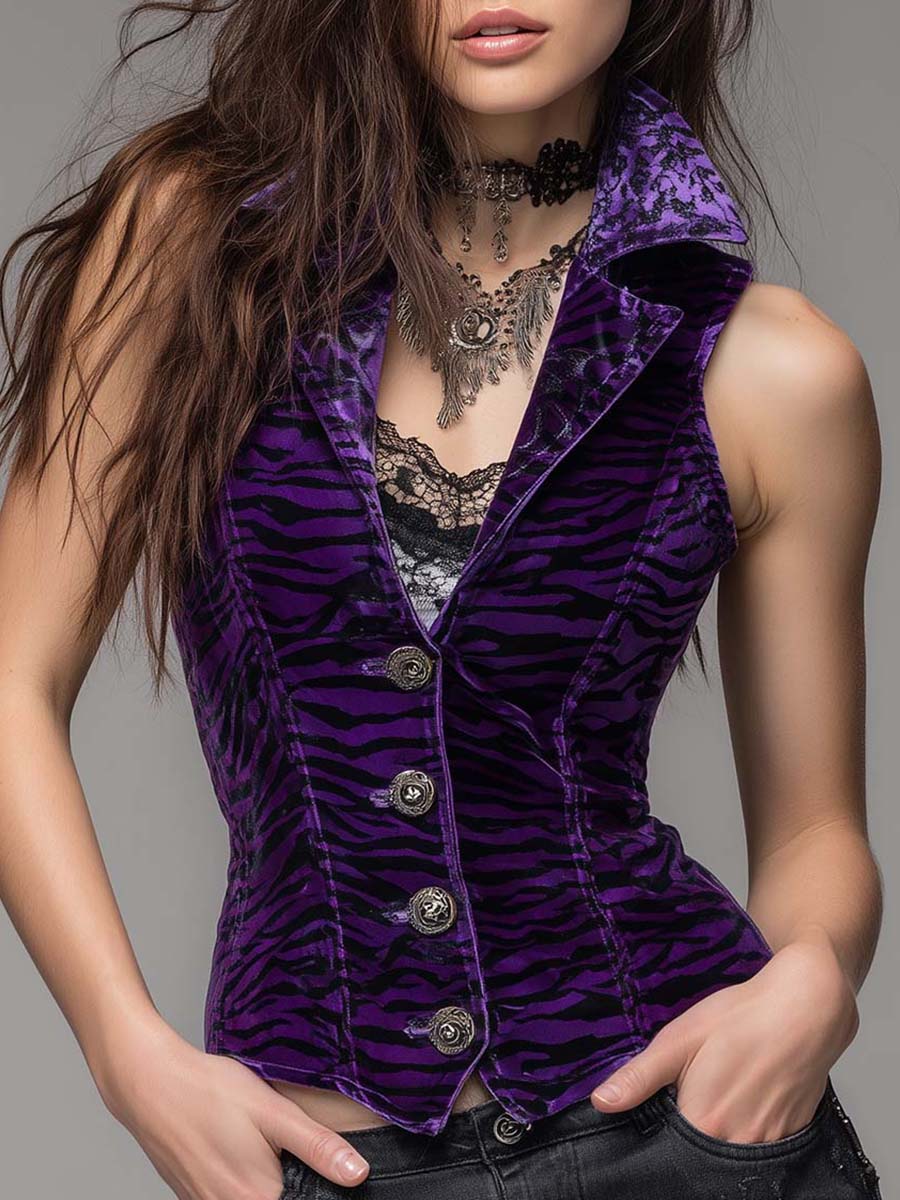 Vintage Animal Print Purple Velvet Bodycon Tank Top - Fashionpara