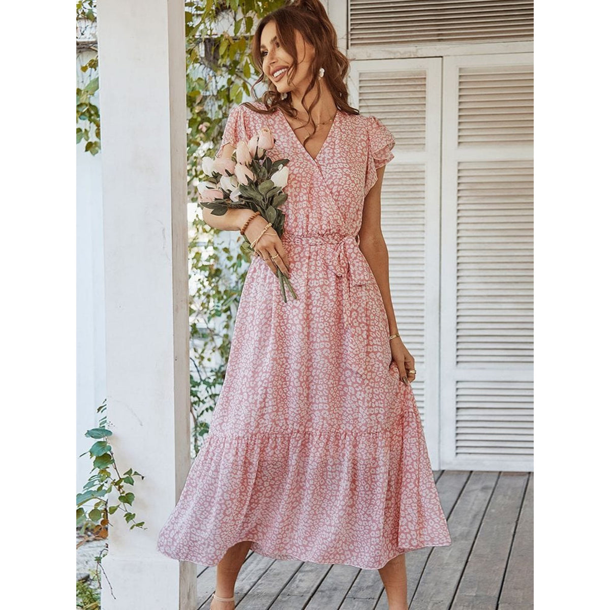 Floral Print V-Neck Flutter Sleeve Wrap Tiered Midi Dress