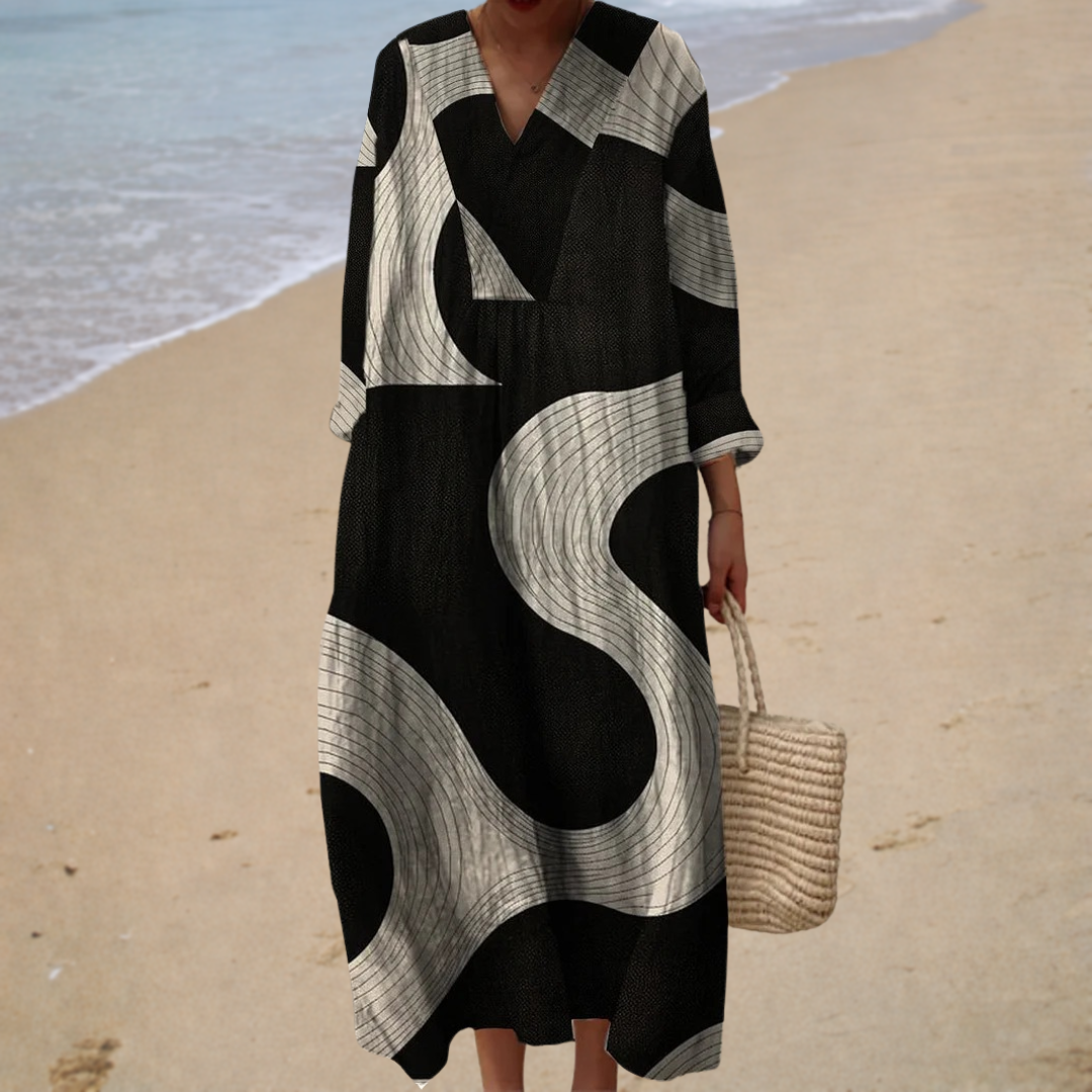 V-Neck Long Sleeve Abstract Geometric Print Midi Dress