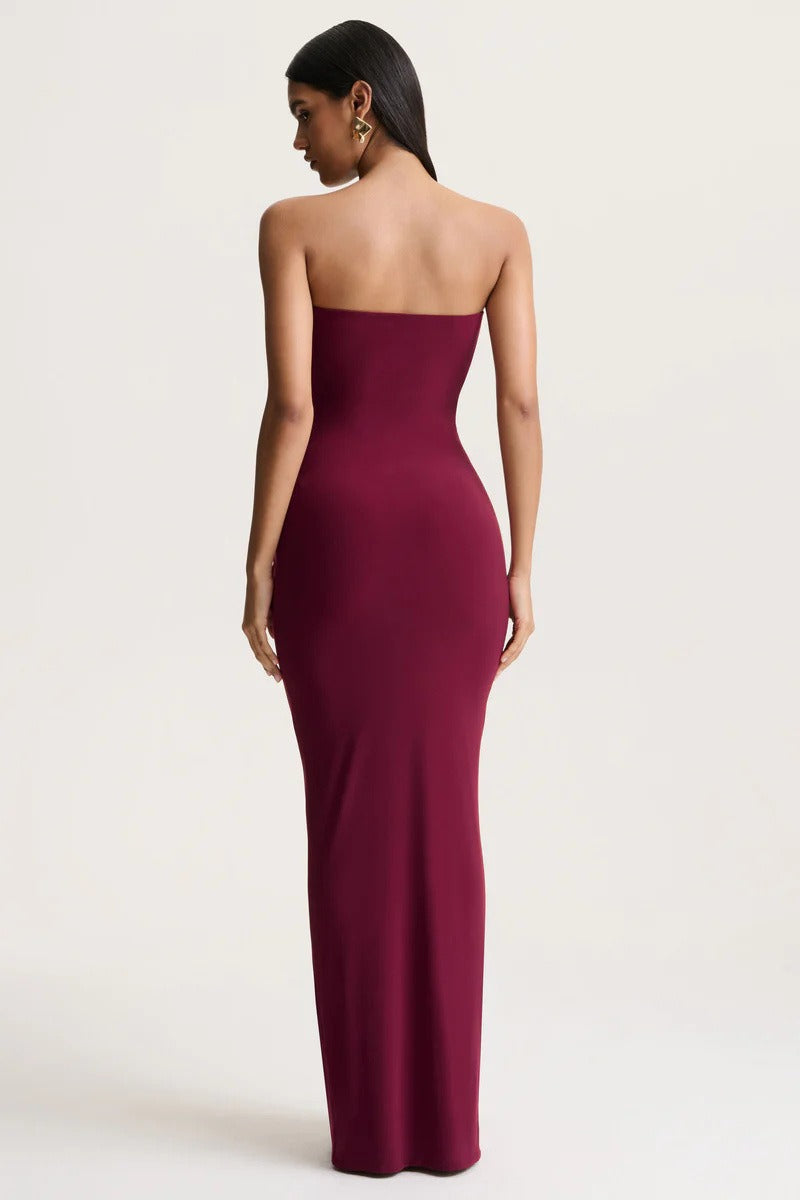 Strapless Sweetheart Ruched Gold Ring Draped Maxi Gown