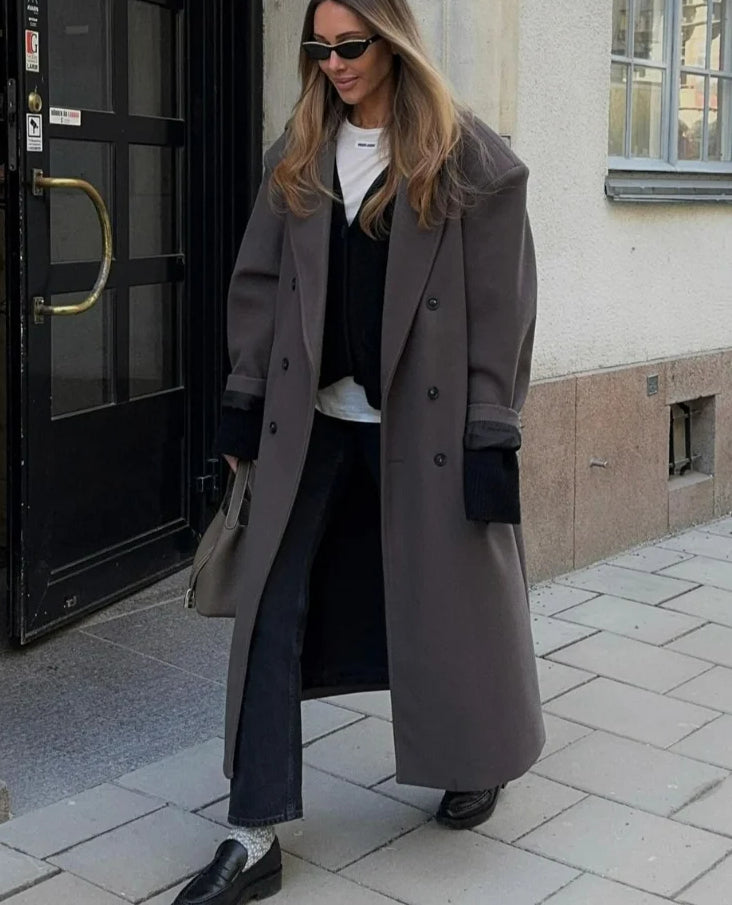 Lapel Woolen Double-Breasted Shoulder Pad Overcoat