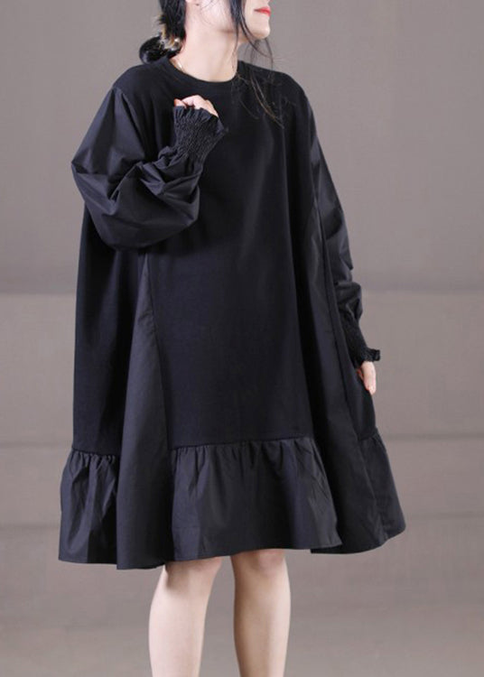 Knit Panel Round Neck Balloon Sleeve Smocked Cuff Mini Dress