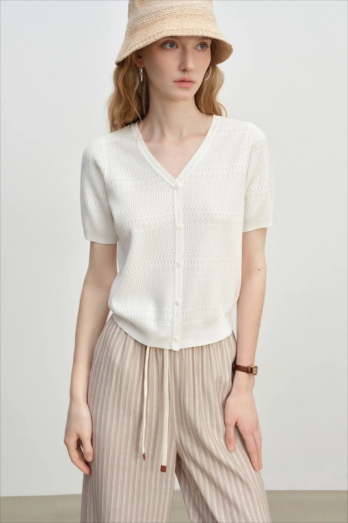 French Knit V-Neck Short Sleeve Cardigan