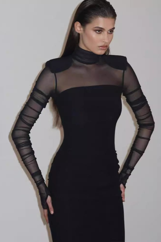 Mesh Panel Turtleneck Bodycon Midi Dress