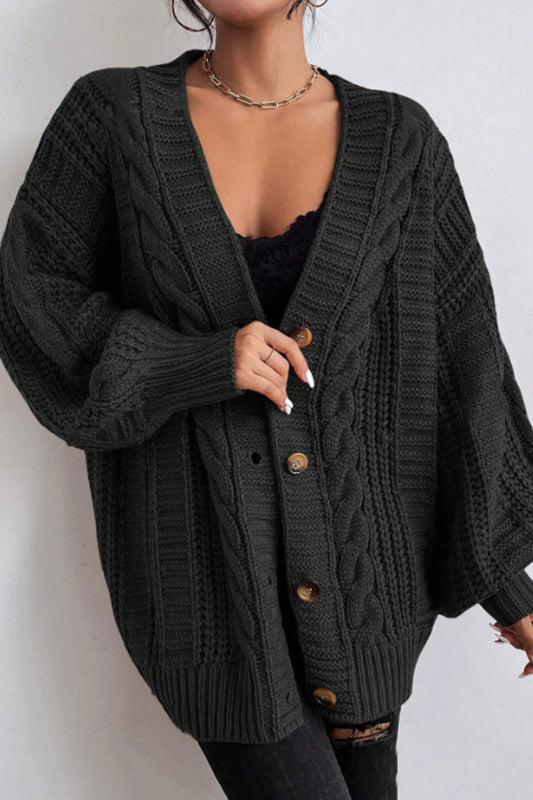 Vintage Cable Knit V-Neck Cardigan with Balloon Sleeves