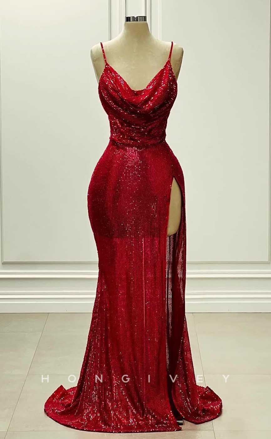 L2853 - Sexy Glitter Asymmetrical Spaghetti Straps Sequined With Side Slit Party Prom Evening Dress - Fashionpara