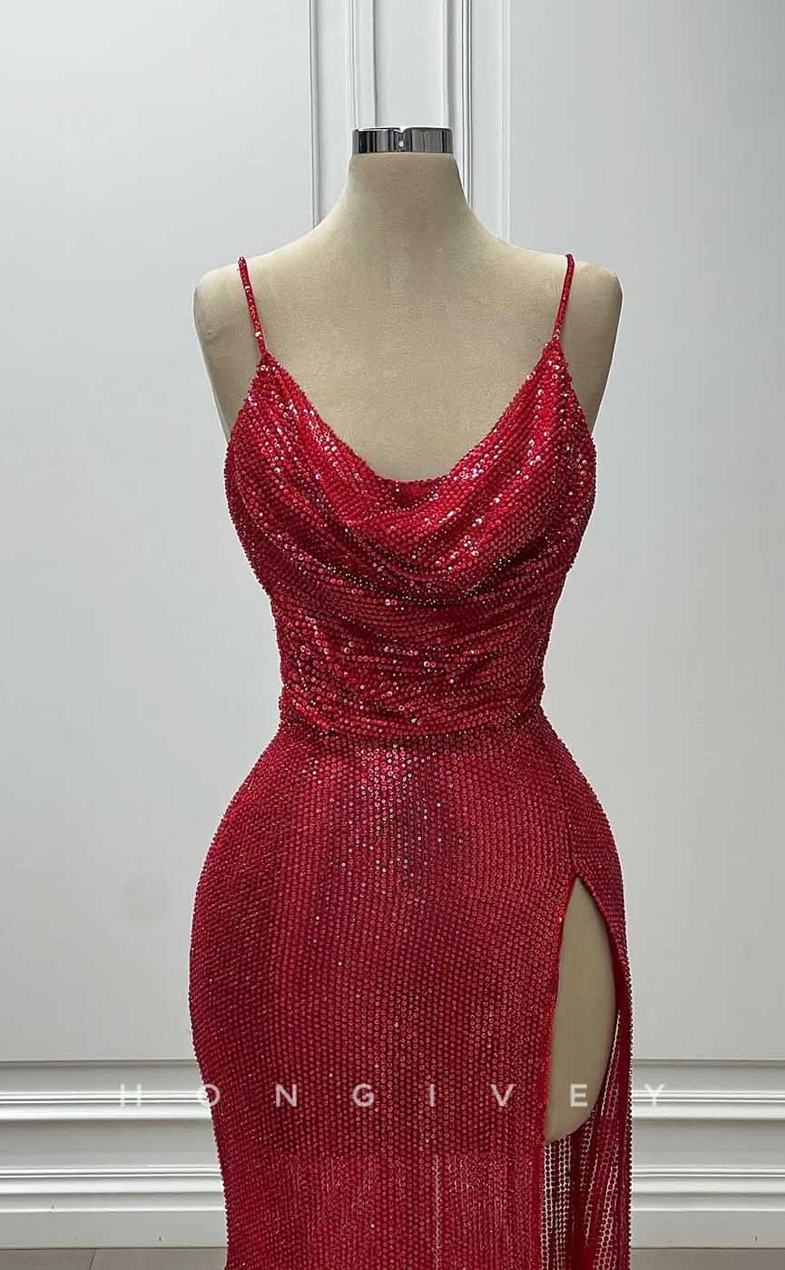 L2853 - Sexy Glitter Asymmetrical Spaghetti Straps Sequined With Side Slit Party Prom Evening Dress - Fashionpara