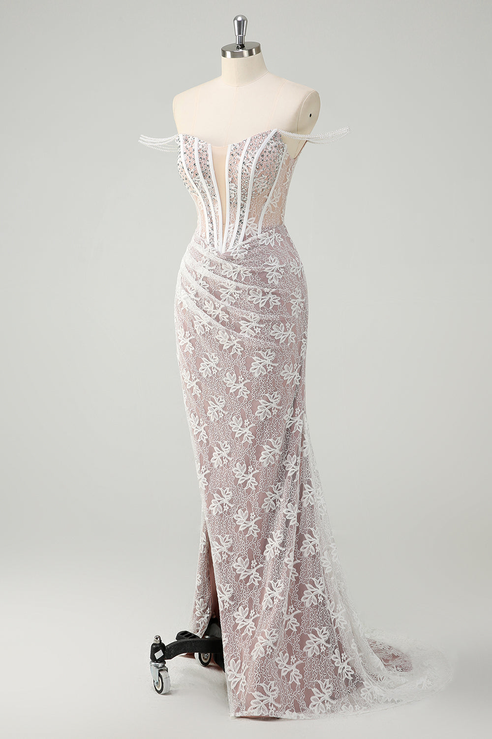 Sparkly White Mermaid Off the Shoulder Beaded Lace Corset Ruched Prom Dress with Slit