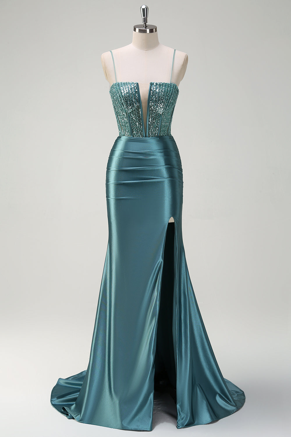 Sparkly Dusty Green Mermaid Spaghetti Straps Beaded Long Prom Dress with Slit