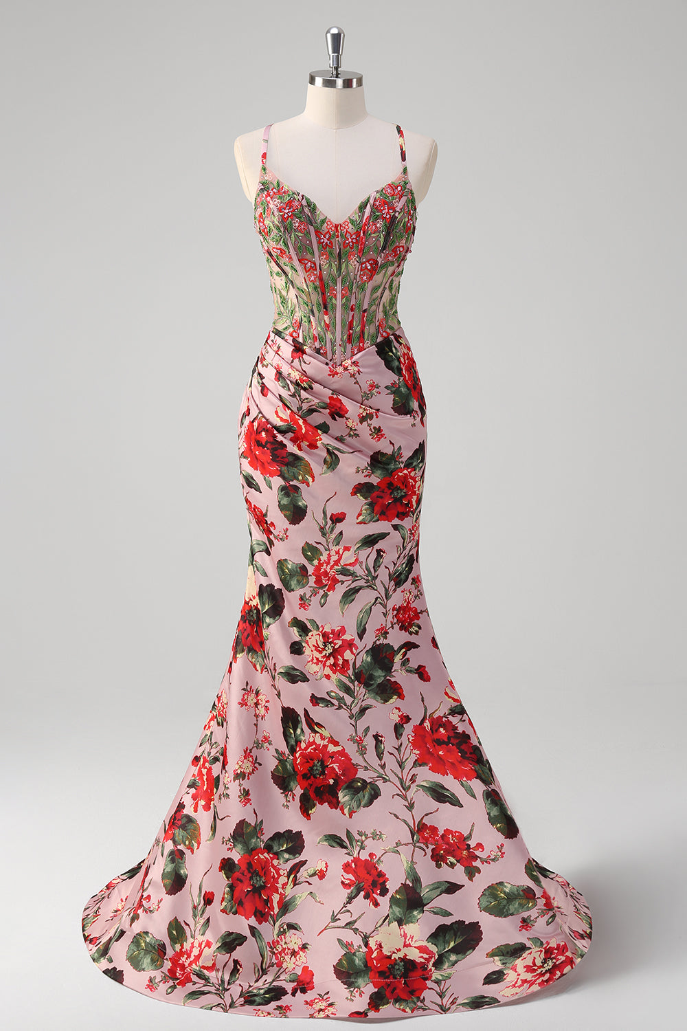 Blush Mermaid Spaghetti Straps Corset Floral Prom Dress - Fashionpara