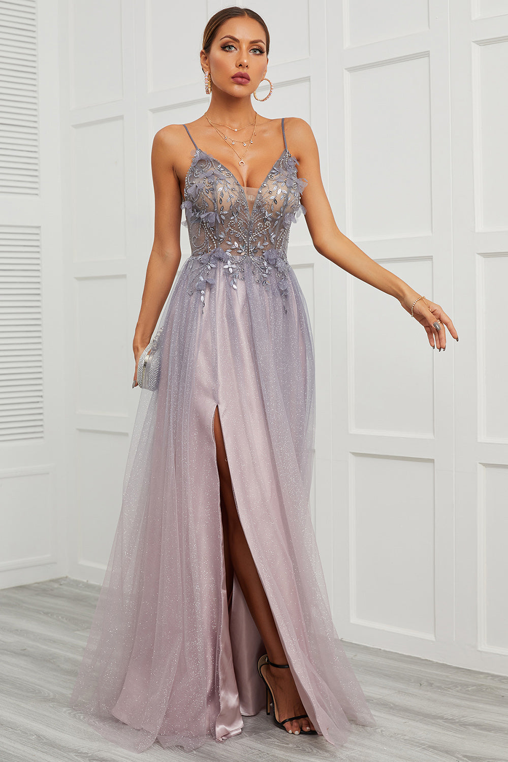 Spaghetti Straps Appliques Long Prom Dress with Split Front - Fashionpara