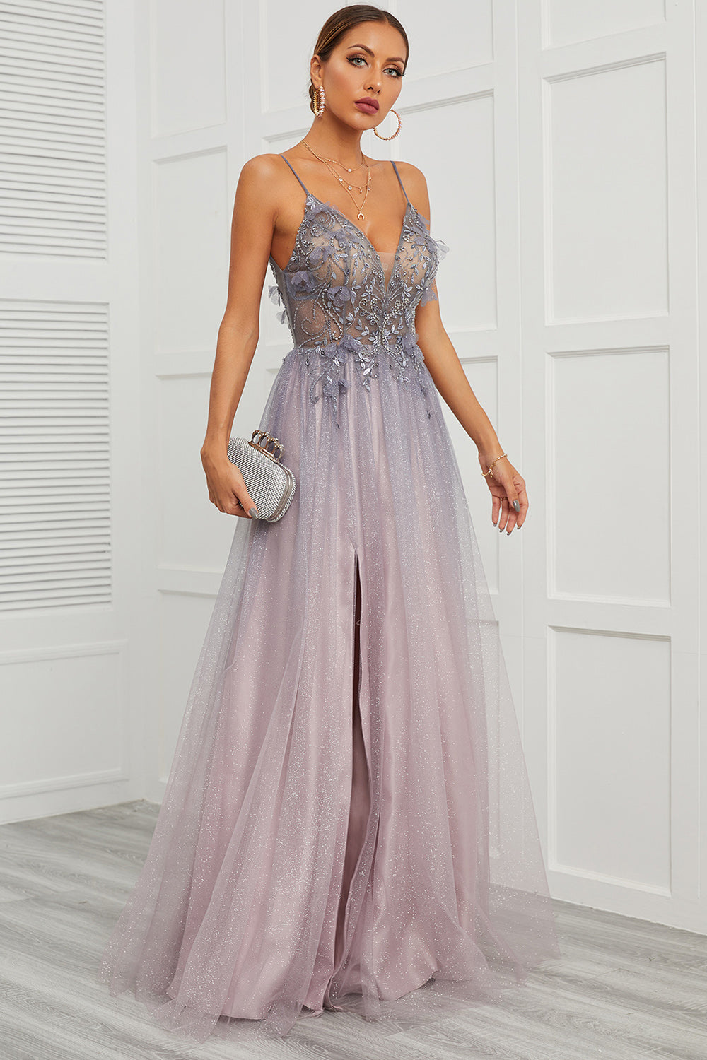 Spaghetti Straps Appliques Long Prom Dress with Split Front - Fashionpara