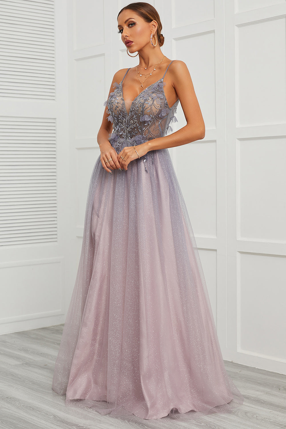 Spaghetti Straps Appliques Long Prom Dress with Split Front - Fashionpara