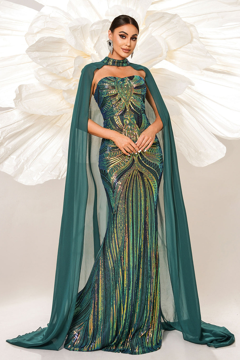 Green Sparkly Sequined Mermaid Evening Dress with Long Wrap - Fashionpara