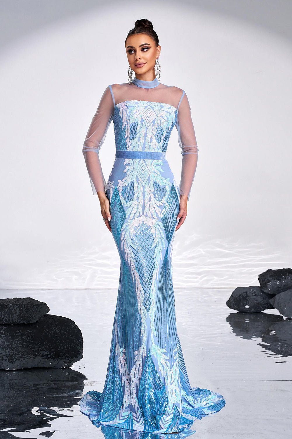 Ligth Blue Mermaid Printed Illusion Sleeves Prom Dress - Fashionpara