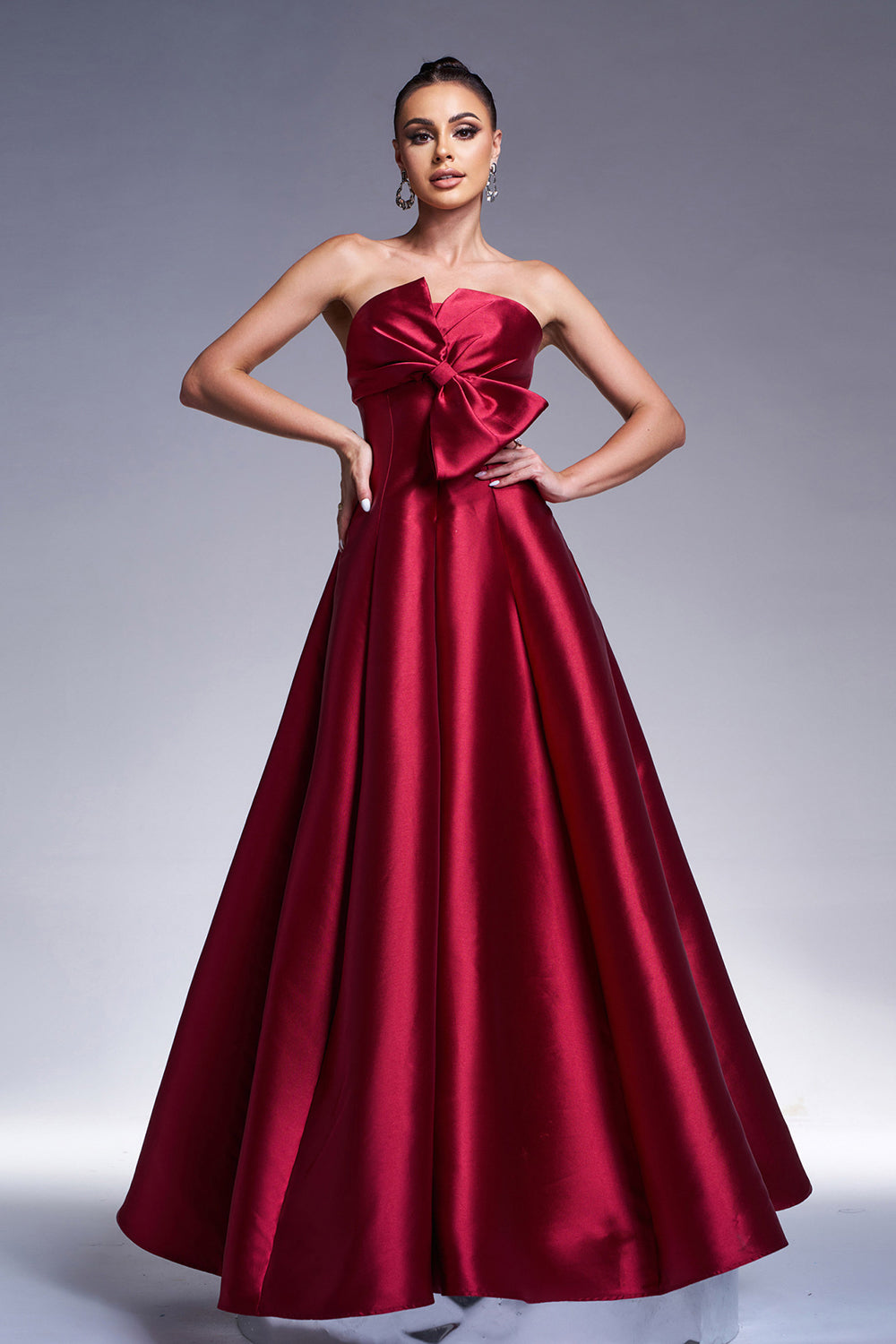 Burgundy A-Line Strapless Satin Prom Dress with Bow - Fashionpara