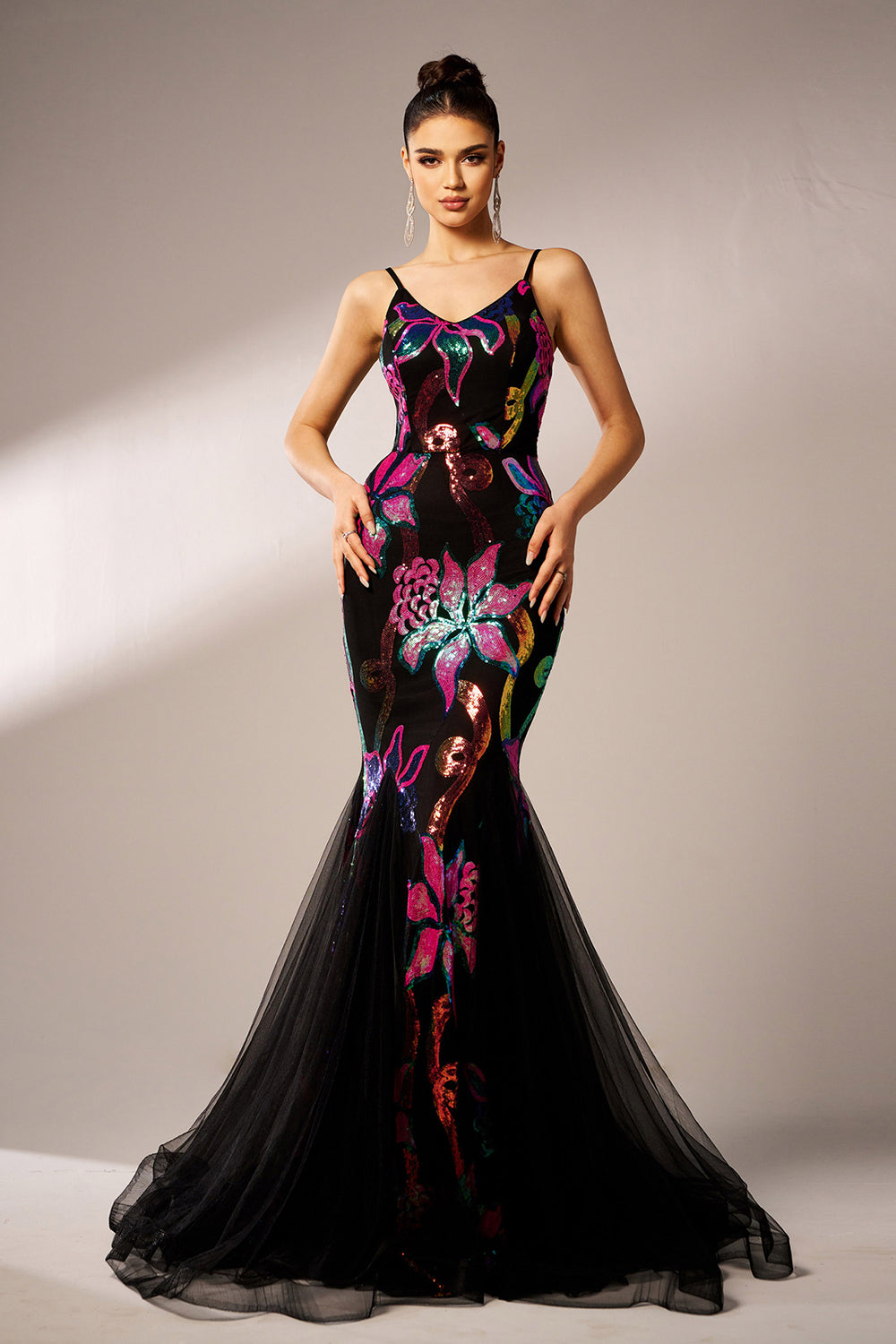 Sparkly Floral Black Mermaid Spaghetti Straps Tulle Prom Dress - Fashionpara