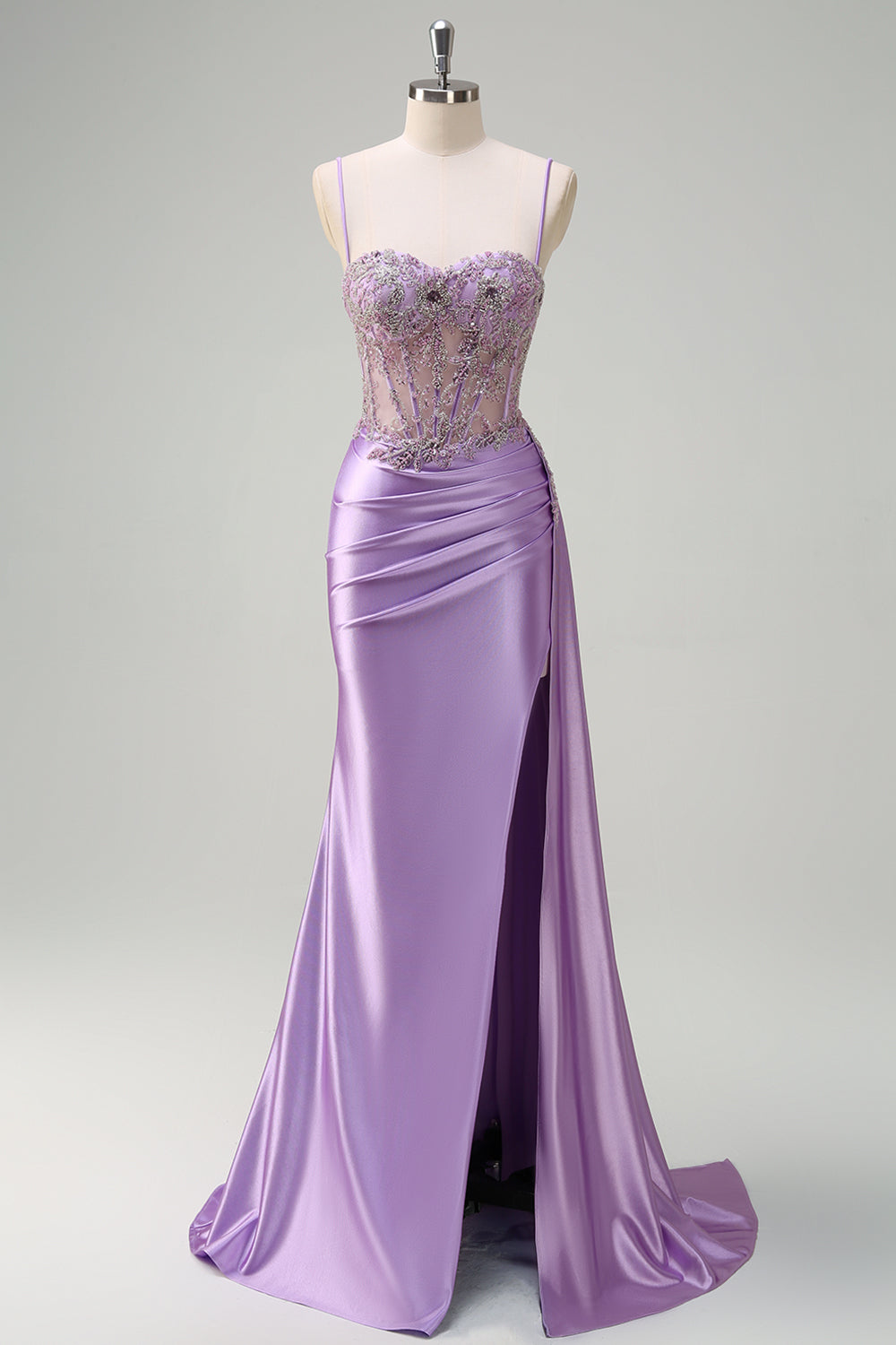 Sparkly Purple Mermaid Watteau Train Sheer Ruched Corset Long Prom Dress with Slit