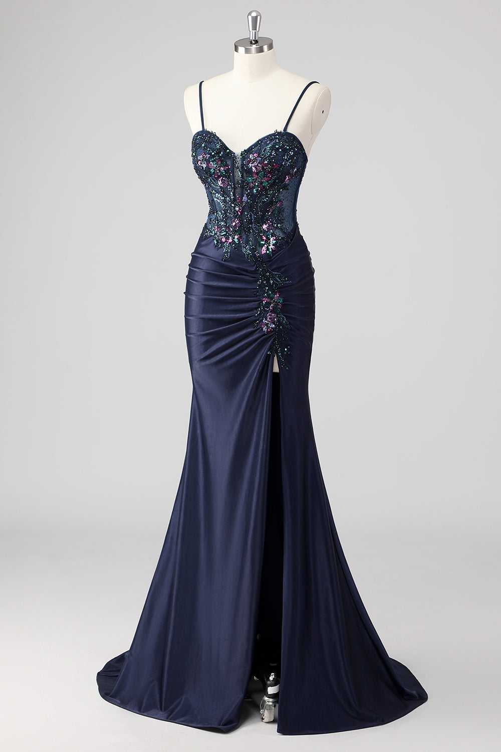 Sparkly Grey Green Mermaid Strapless Sequin Corset Ruched Long Prom Dress with Slit