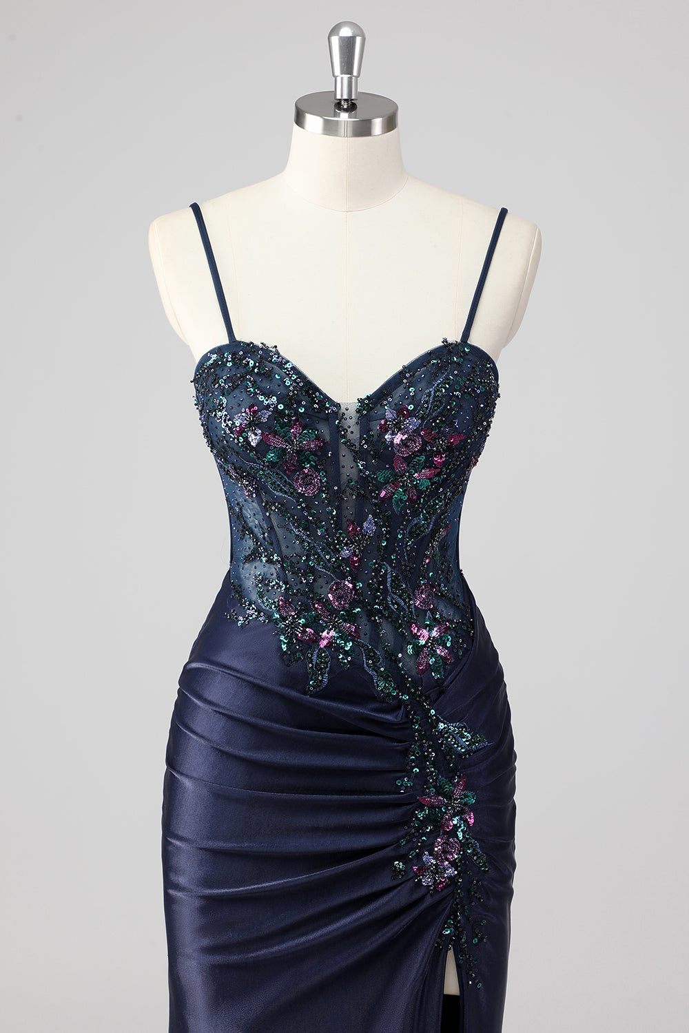 Sparkly Grey Green Mermaid Strapless Sequin Corset Ruched Long Prom Dress with Slit