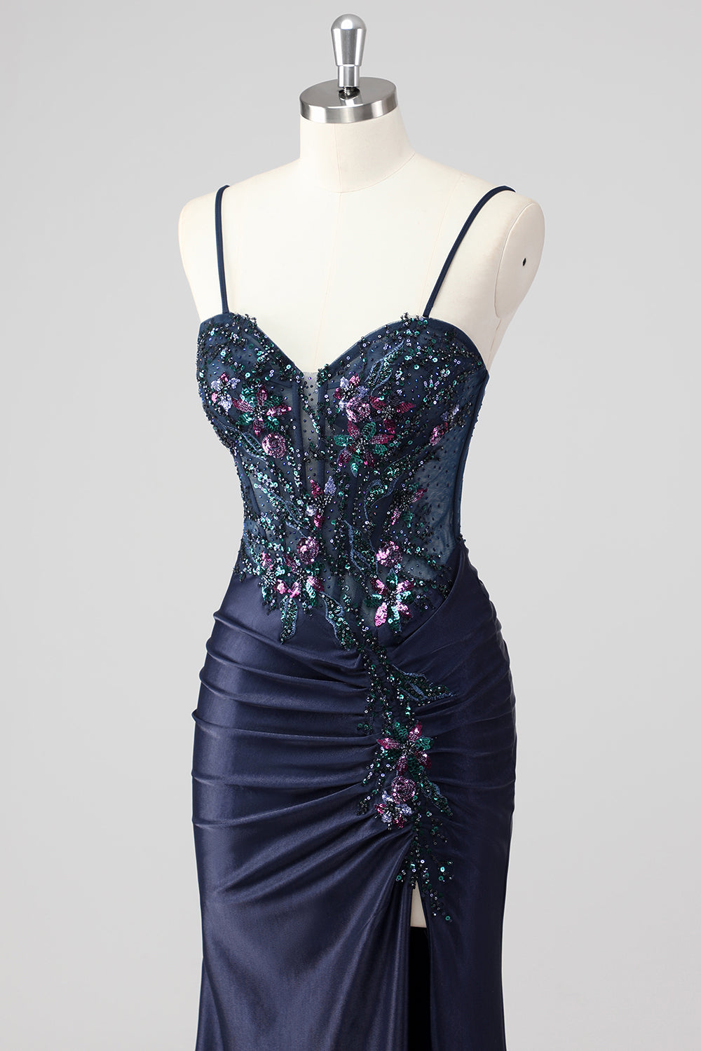 Sparkly Grey Green Mermaid Strapless Sequin Corset Ruched Long Prom Dress with Slit