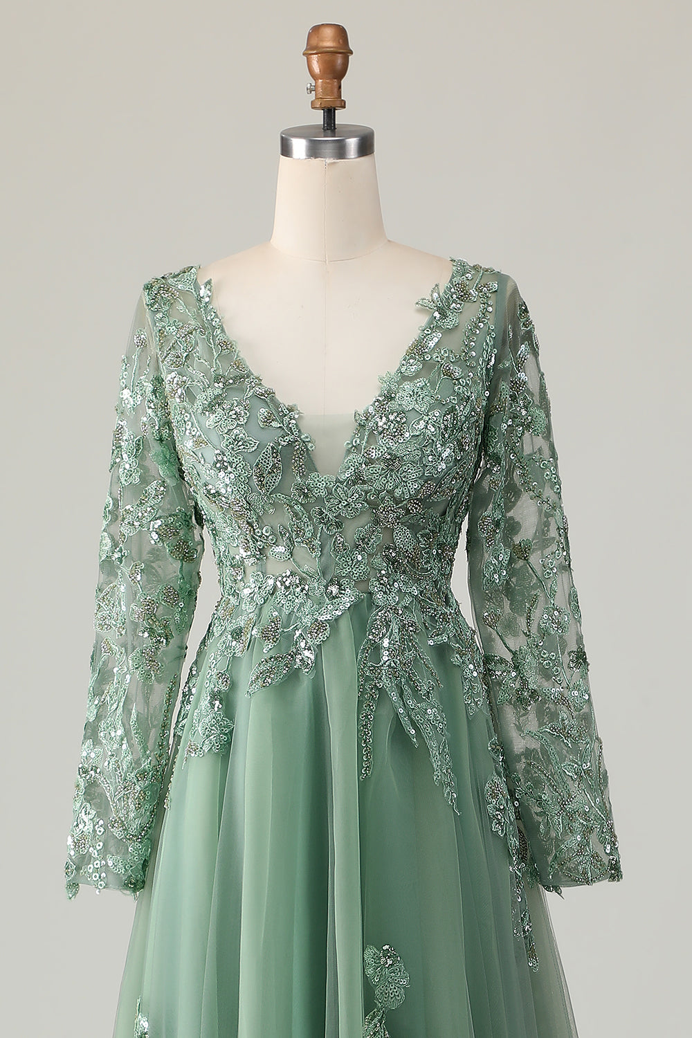 Sage A-Line Long Sleeves Prom Dress with Appliques