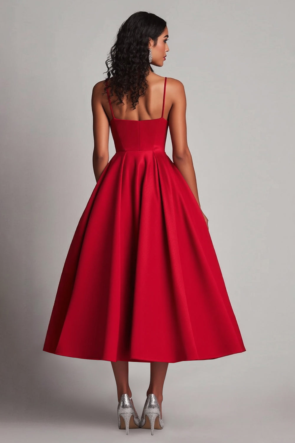 Red Satin A-Line Tea Length Formal Dress - Fashionpara