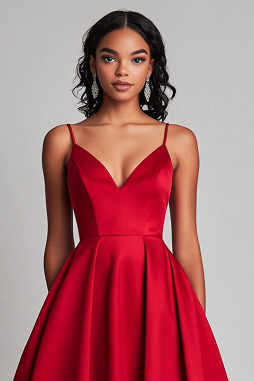 Red Satin A-Line Tea Length Formal Dress - Fashionpara
