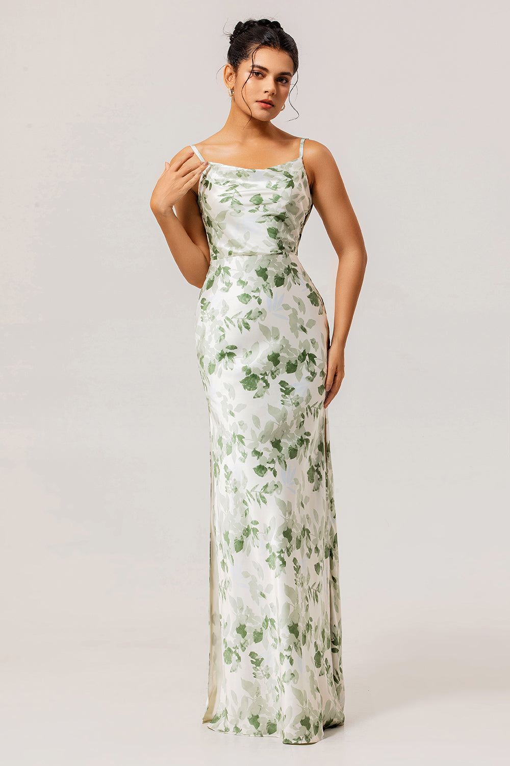 Floral Green Spaghetti Straps Mermaid Long Bridesmaid Dress with Slit