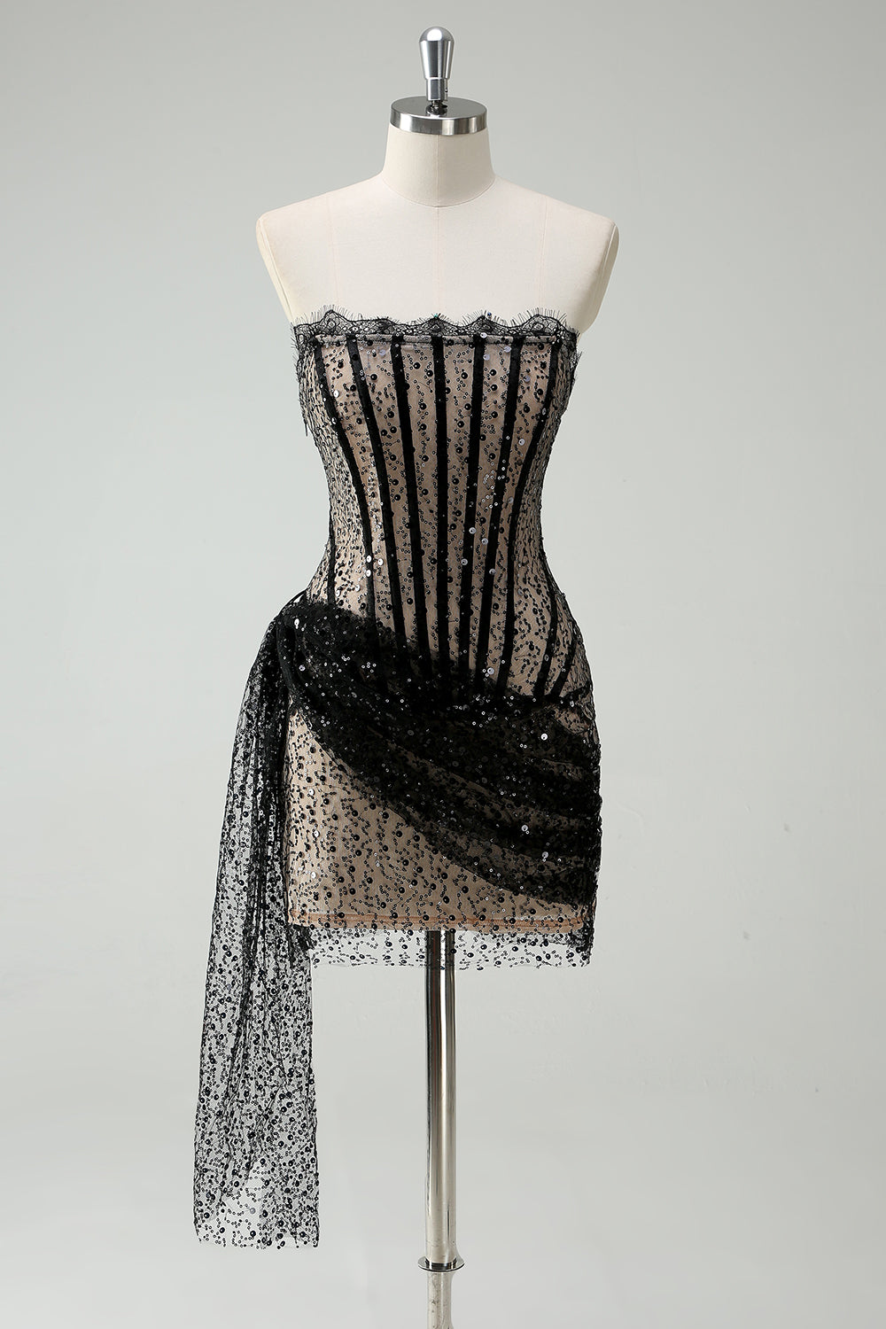 Zapakasa Women Sparkly Black Lace Corset Short Homecoming Dress Strapless Sequined Cocktail Dress
