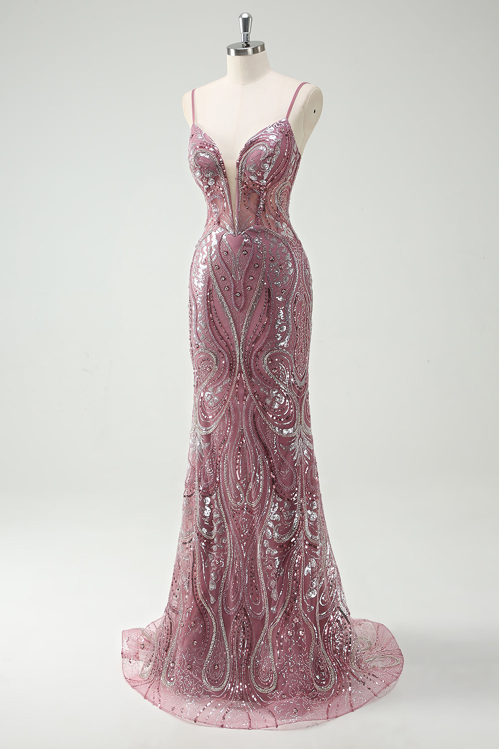 Sparkly Grey Purple Mermaid Spaghetti Straps Long Prom Dress With Sequins - Fashionpara
