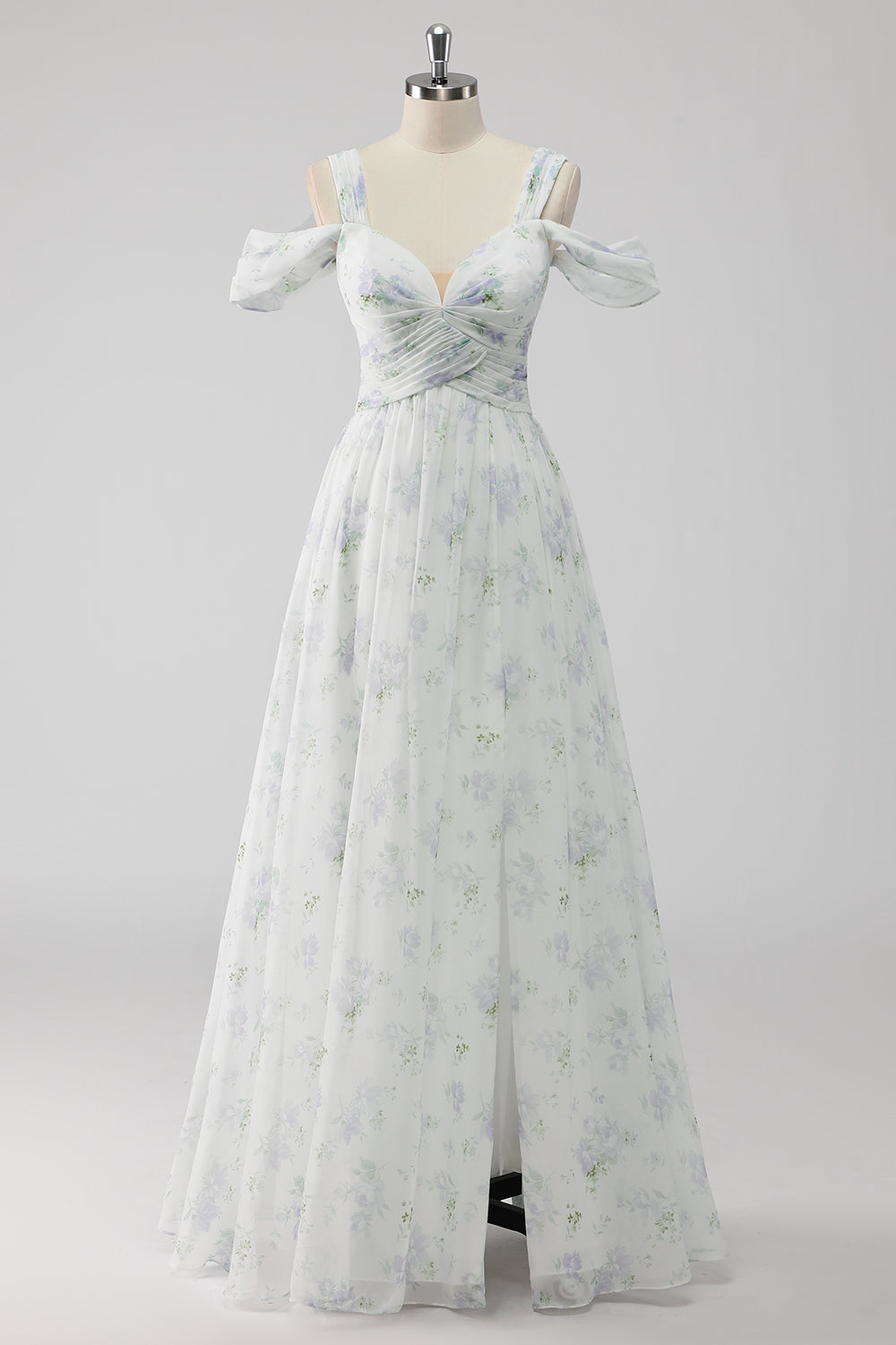 White Floral Cold Shoulder A Line Wedding Guest Dress with Slit