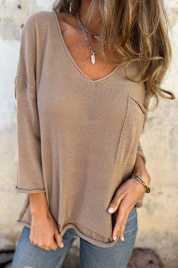 Cozy V-neck Knit Sweater with Pockets for Autumn and Winter
