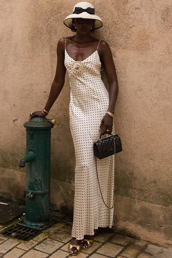 Polka Dot Spaghetti Strap Brooch Bias-Cut Maxi Dress