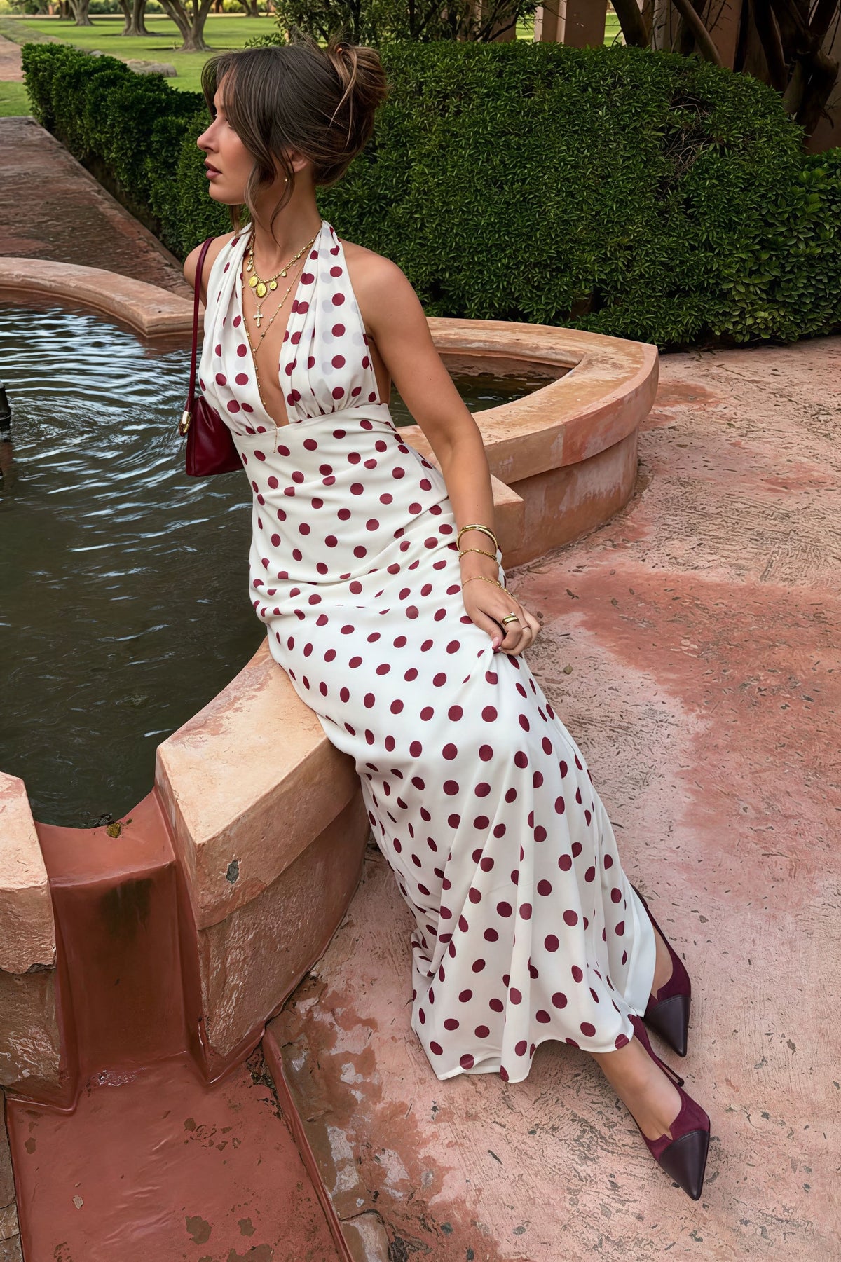 Polka Dot Deep V-Neck Halter Draped Maxi Dress 3