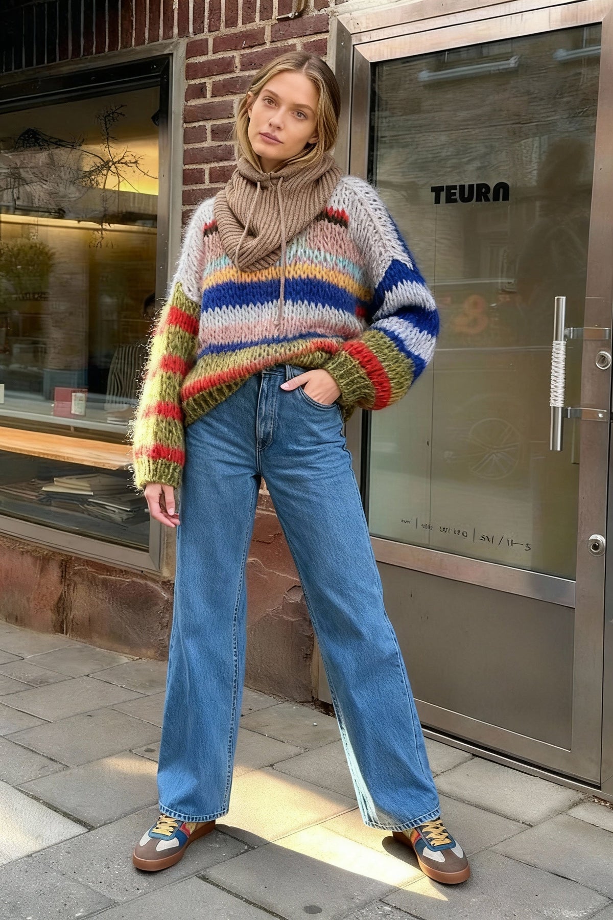 Contrasting Crewneck Hollow Out Knitted Pullover Long