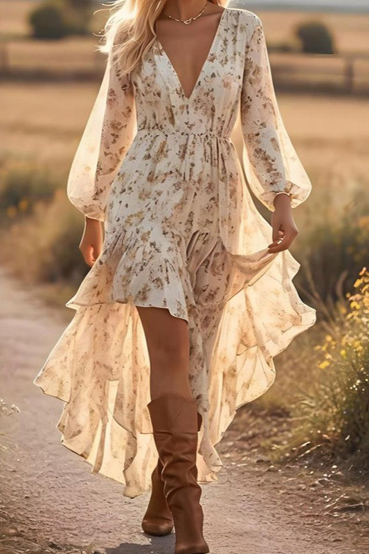 Bohemian V Neck Floral Asymmetric Hem Long Sleeve Boho Dress